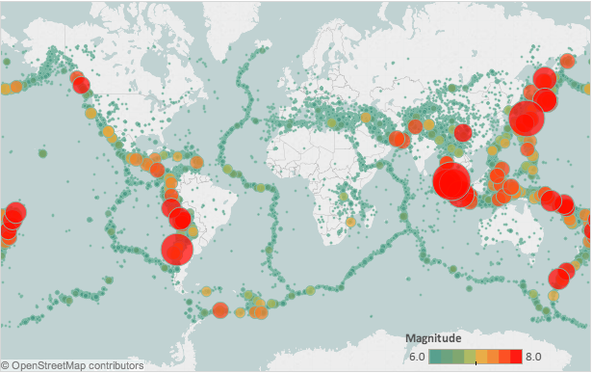 Earthquake map made with Tableau